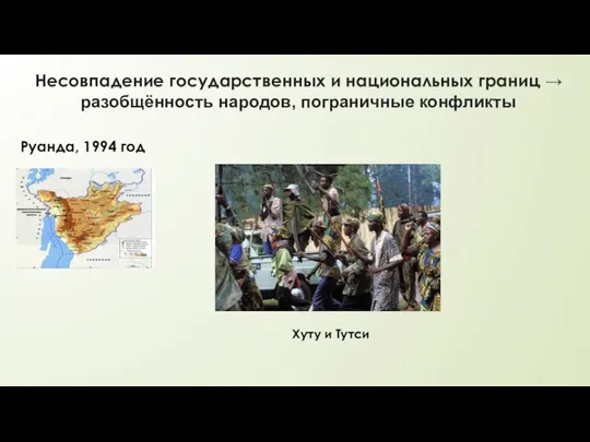 Несовпадение государственных и национальных границ → разобщённость народов, пограничные конфликты Руанда, 1994 год Хуту и Тутси