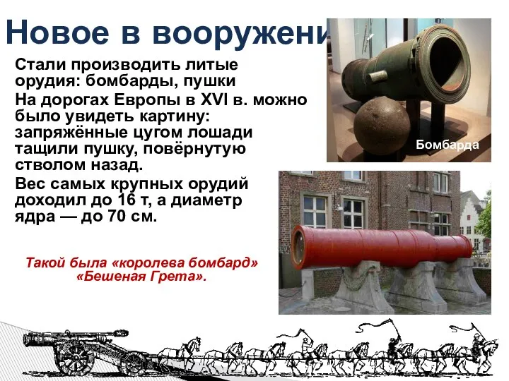 Новое в вооружении Стали производить литые орудия: бомбарды, пушки На дорогах Европы