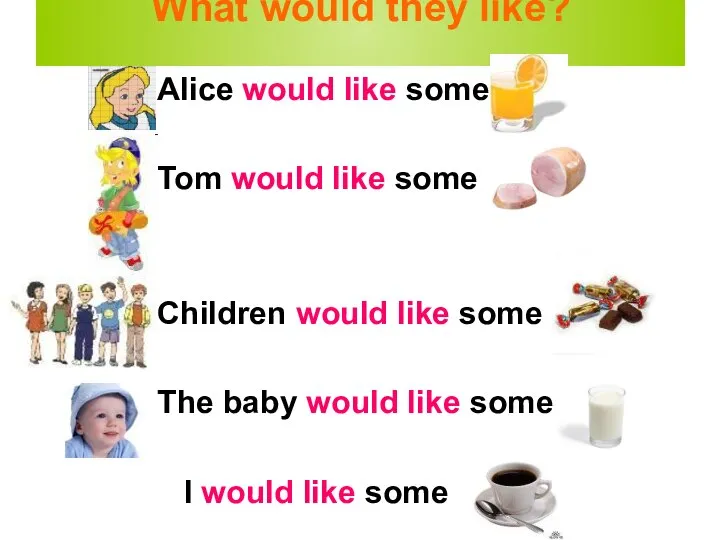 What would they like? Alice would like some Tom would like some
