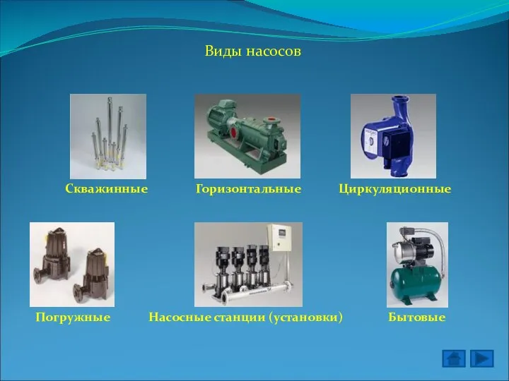 Виды насосов Скважинные Горизонтальные Циркуляционные Погружные Насосные станции (установки) Бытовые