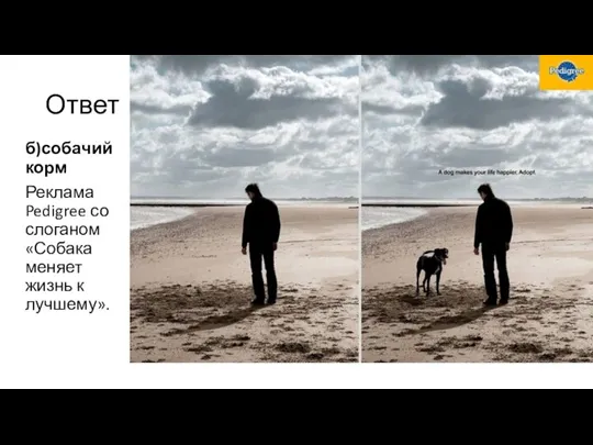 Ответ б)собачий корм Реклама Pedigree со слоганом «Собака меняет жизнь к лучшему».
