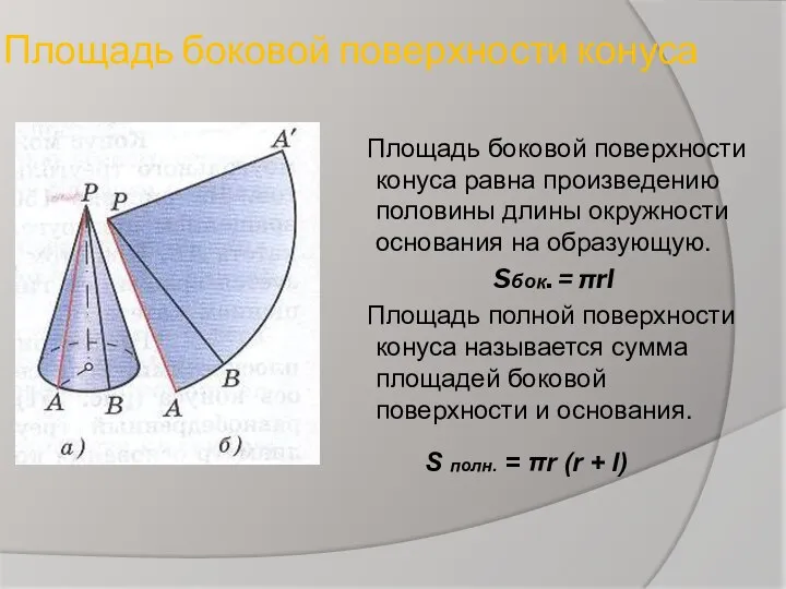 Площадь боковой поверхности конуса Площадь боковой поверхности конуса равна произведению половины длины