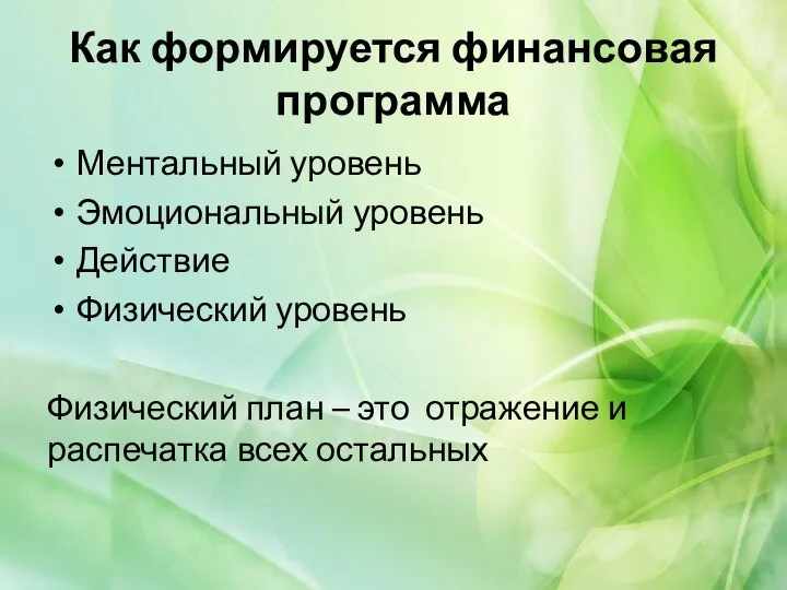 Как формируется финансовая программа Ментальный уровень Эмоциональный уровень Действие Физический уровень Физический