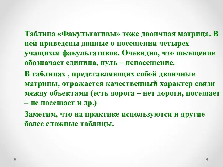 Таблица «Факультативы» тоже двоичная матрица. В ней приведены данные о посещении четырех