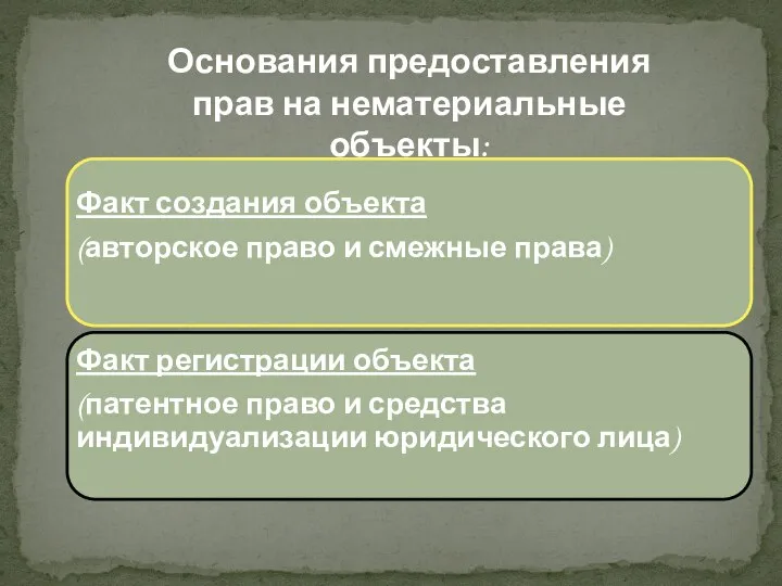 Основания предоставления прав на нематериальные объекты: