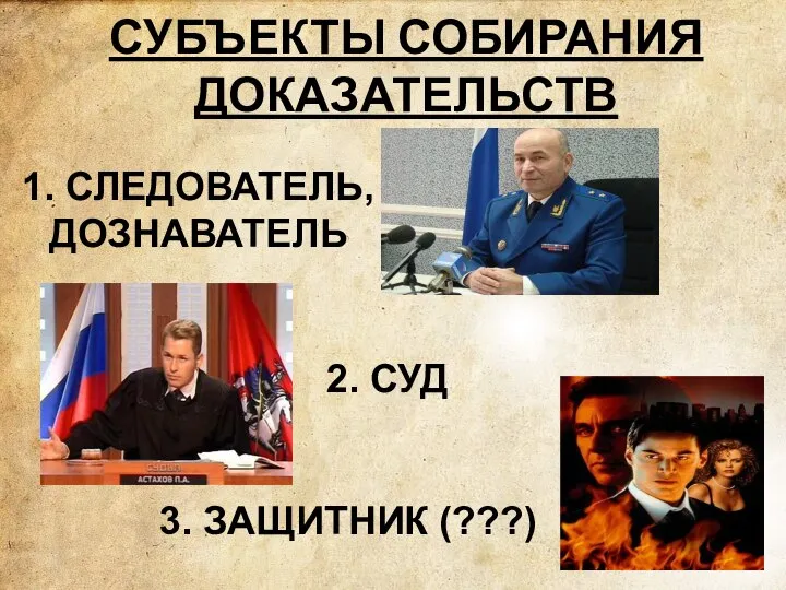 3. ЗАЩИТНИК (???) 2. СУД СУБЪЕКТЫ СОБИРАНИЯ ДОКАЗАТЕЛЬСТВ 1. СЛЕДОВАТЕЛЬ, ДОЗНАВАТЕЛЬ