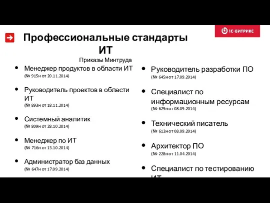 Профессиональные стандарты ИТ Приказы Минтруда Менеджер продуктов в области ИТ (№ 915н