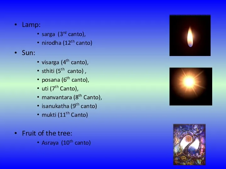 Lamp: sarga (3rd canto), nirodha (12th canto) Sun: visarga (4th canto), sthiti