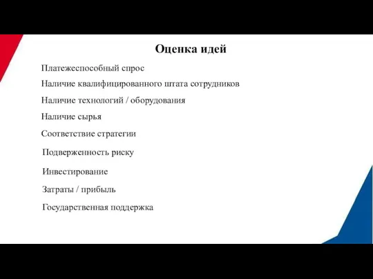 Оценка идей Платежеспособный спрос Наличие квалифицированного штата сотрудников Наличие технологий / оборудования