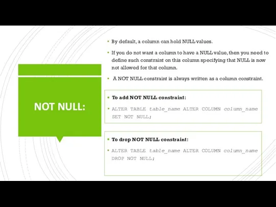 NOT NULL: By default, a column can hold NULL values. If you