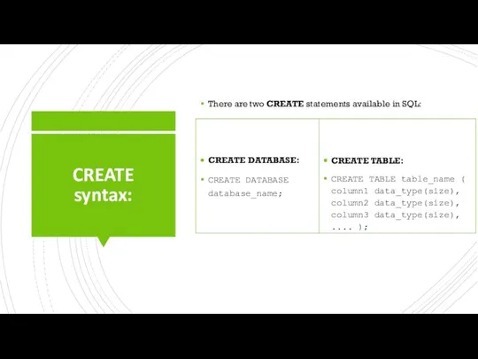 CREATE syntax: There are two CREATE statements available in SQL: CREATE DATABASE: