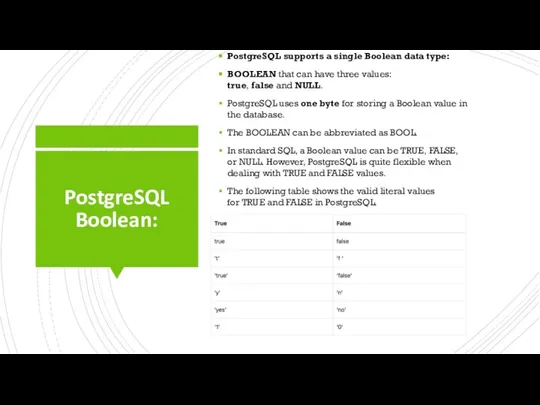 PostgreSQL Boolean: PostgreSQL supports a single Boolean data type: BOOLEAN that can