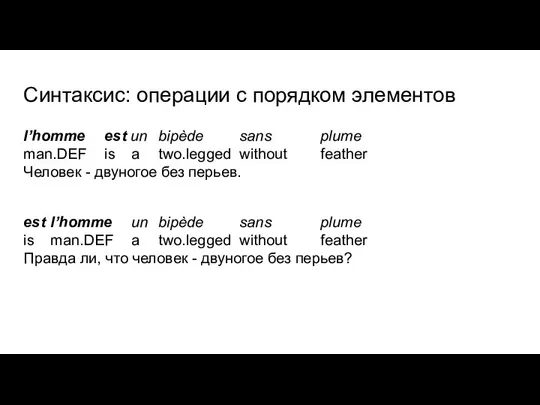 Синтаксис: операции с порядком элементов l’homme est un bipède sans plume man.DEF