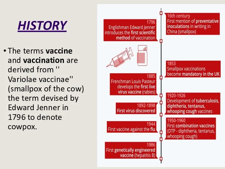 HISTORY The terms vaccine and vaccination are derived from '' Variolae vaccinae''