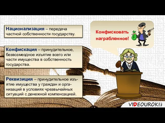 Национализация – передача частной собственности государству. Конфискация – принудительное, безвозмездное изъятие всего