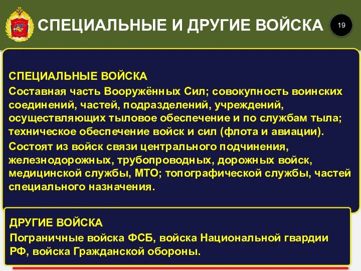 СПЕЦИАЛЬНЫЕ ВОЙСКА Составная часть Вооружённых Сил; совокупность воинских соединений, частей, подразделений, учреждений,