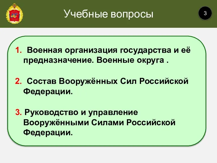 Учебные вопросы 3 1. Военная организация государства и её предназначение. Военные округа