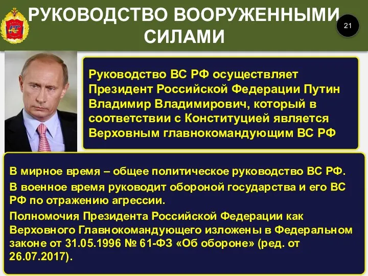 Руководство ВС РФ осуществляет Президент Российской Федерации Путин Владимир Владимирович, который в