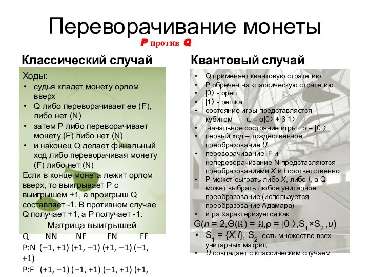 Переворачивание монеты Классический случай Квантовый случай P против Q Ходы: судья кладет