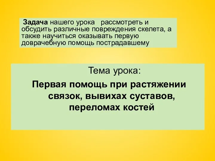 Тема урока: Первая помощь при растяжении связок, вывихах суставов, переломах костей Задача