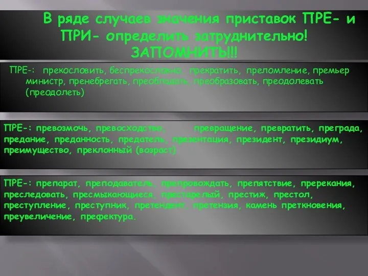 В ряде случаев значения приставок ПРЕ- и ПРИ- определить затруднительно! ЗАПОМНИТЬ!!! ПРЕ-: