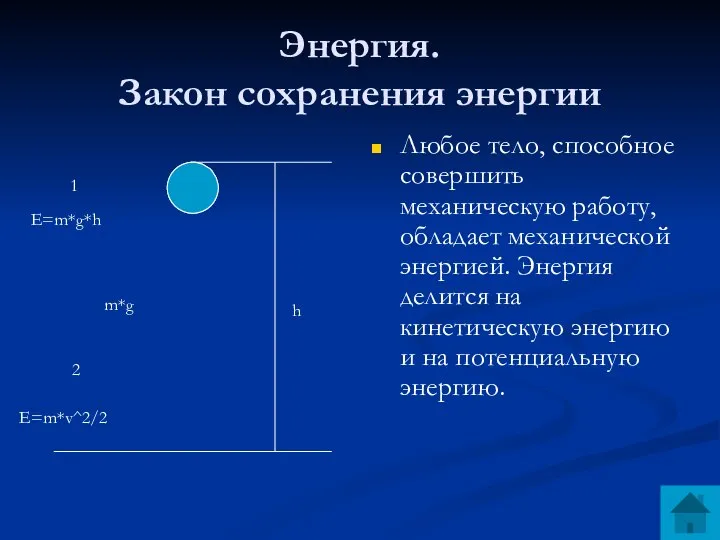 Энергия. Закон сохранения энергии Любое тело, способное совершить механическую работу, обладает механической