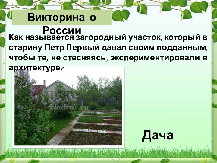 Дача Как называется загородный участок, который в старину Петр Первый давал своим