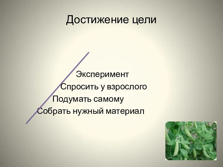 Достижение цели Эксперимент Спросить у взрослого Подумать самому Собрать нужный материал