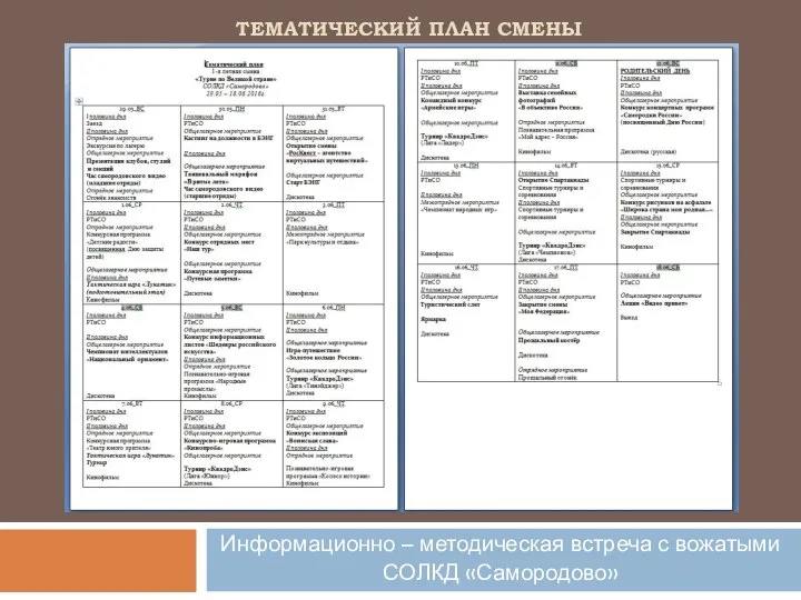 ТЕМАТИЧЕСКИЙ ПЛАН СМЕНЫ Информационно – методическая встреча с вожатыми СОЛКД «Самородово»