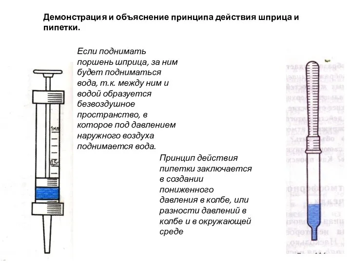 Если поднимать поршень шприца, за ним будет подниматься вода, т.к. между ним