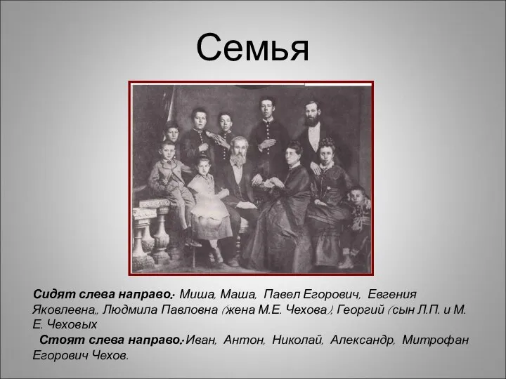 Семья Сидят слева направо: Миша, Маша, Павел Егорович, Евгения Яковлевна,, Людмила Павловна