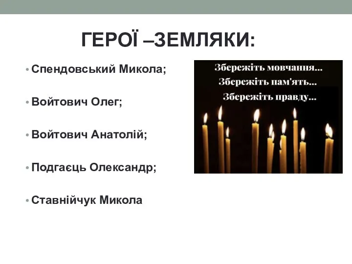 ГЕРОЇ –ЗЕМЛЯКИ: Спендовський Микола; Войтович Олег; Войтович Анатолій; Подгаєць Олександр; Ставнійчук Микола