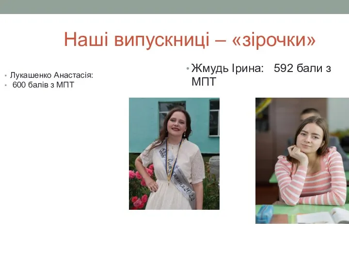 Наші випускниці – «зірочки» Лукашенко Анастасія: 600 балів з МПТ Жмудь Ірина: 592 бали з МПТ