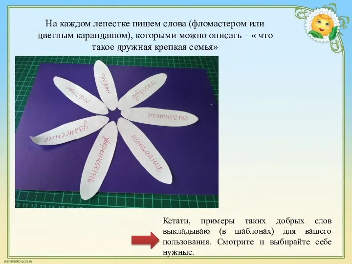 На каждом лепестке пишем слова (фломастером или цветным карандашом), которыми можно описать