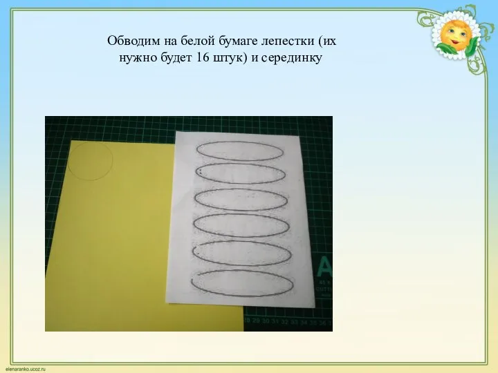 Обводим на белой бумаге лепестки (их нужно будет 16 штук) и серединку