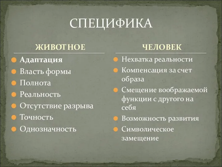 ЖИВОТНОЕ Адаптация Власть формы Полнота Реальность Отсутствие разрыва Точность Однозначность Нехватка реальности