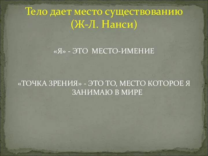 Тело дает место существованию (Ж-Л. Нанси) «Я» - ЭТО МЕСТО-ИМЕНИЕ «ТОЧКА ЗРЕНИЯ»