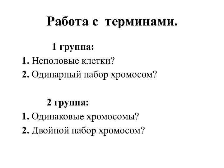 Работа с терминами. 1 группа: 1. Неполовые клетки? 2. Одинарный набор хромосом?