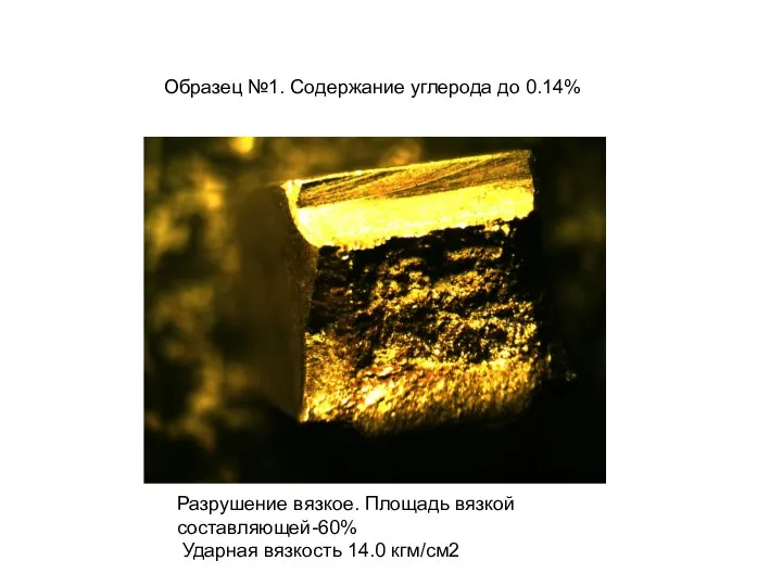 Образец №1. Содержание углерода до 0.14% Разрушение вязкое. Площадь вязкой составляющей-60% Ударная вязкость 14.0 кгм/см2