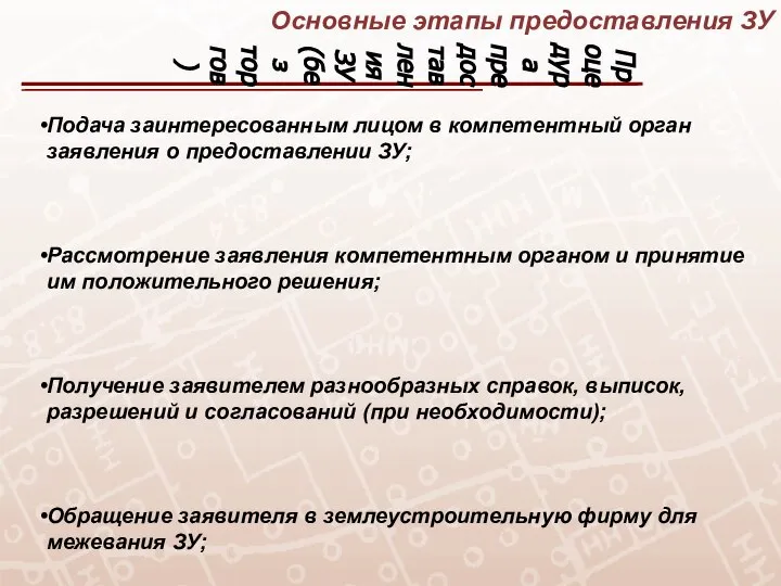 Процедура предоставления ЗУ (без торгов) Основные этапы предоставления ЗУ Подача заинтересованным лицом