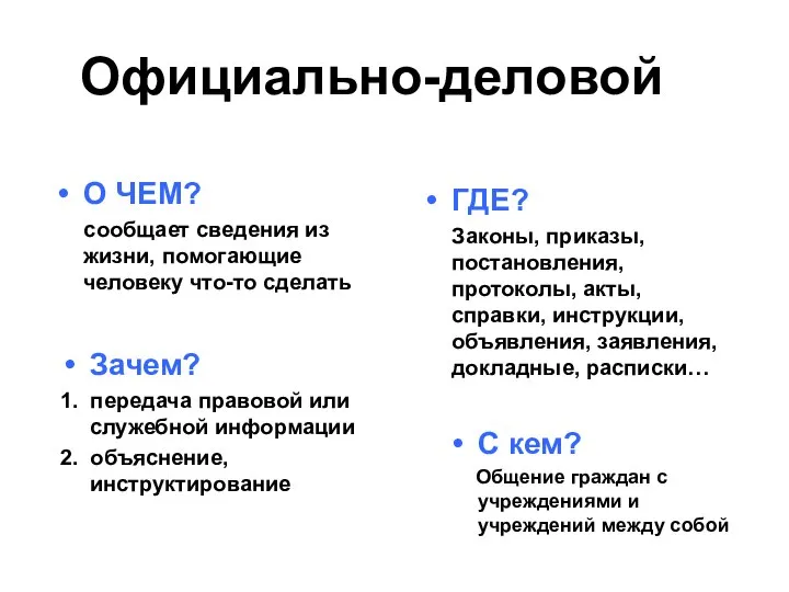 Официально-деловой О ЧЕМ? сообщает сведения из жизни, помогающие человеку что-то сделать ГДЕ?