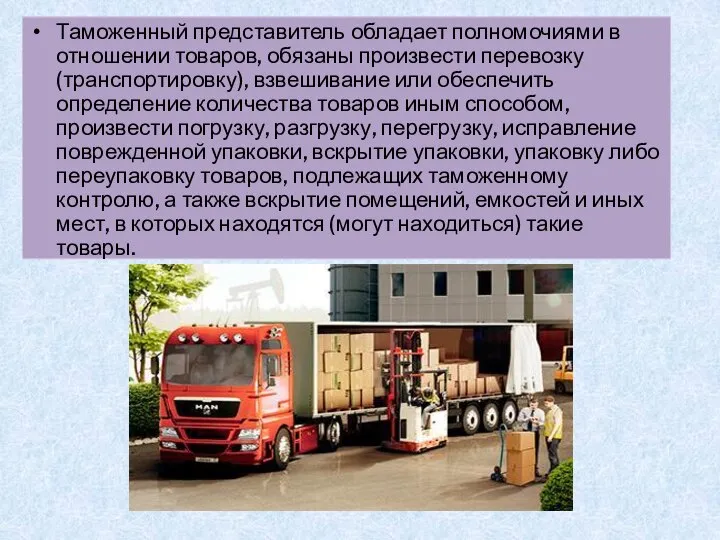 Таможенный представитель обладает полномочиями в отношении товаров, обязаны произвести перевозку (транспортировку), взвешивание