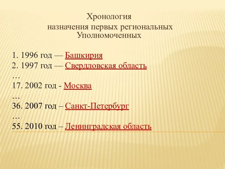 Хронология назначения первых региональных Уполномоченных 1. 1996 год — Башкирия 2. 1997