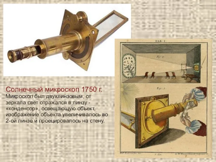 Солнечный микроскоп 1750 г. Микроскоп был двухлинзовым, от зеркала свет отражался в