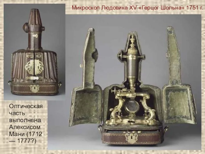 Микроскоп Людовика XV «Герцог Шольна» 1751 г. Оптическая часть выполнена Алексисом Мани (1712 — 1777?)