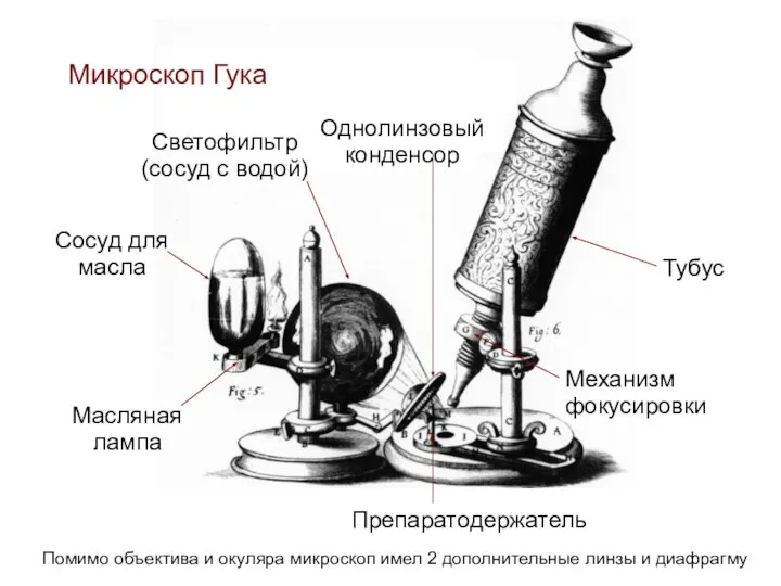 Микроскоп Гука Масляная лампа Сосуд для масла Светофильтр (сосуд с водой) Однолинзовый