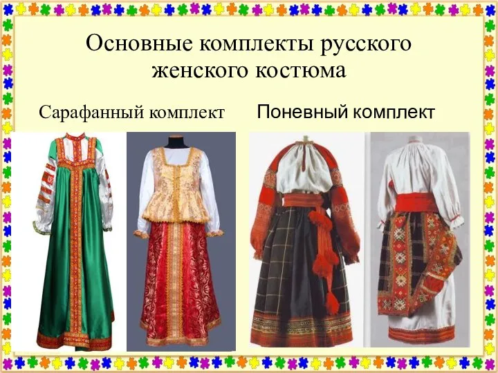 Основные комплекты русского женского костюма Сарафанный комплект Поневный комплект