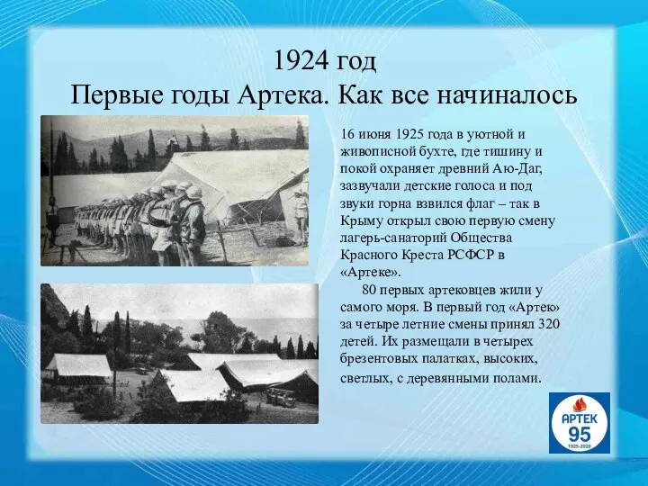 1924 год Первые годы Артека. Как все начиналось 16 июня 1925 года