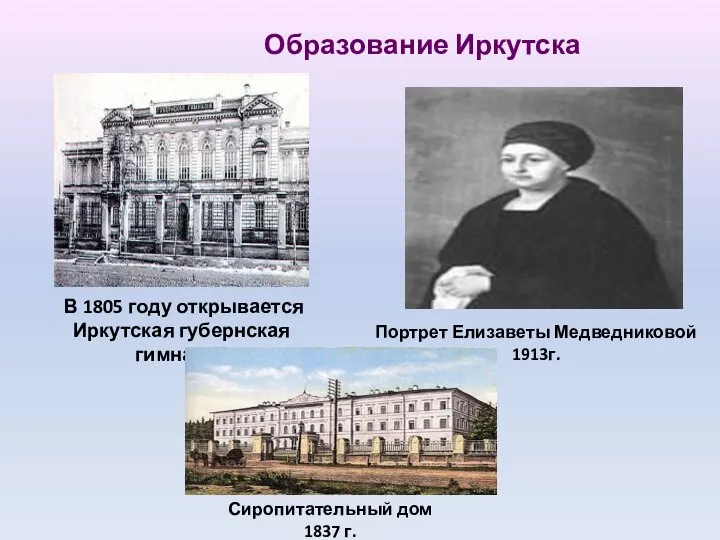 Образование Иркутска В 1805 году открывается Иркутская губернская гимназия Портрет Елизаветы Медведниковой