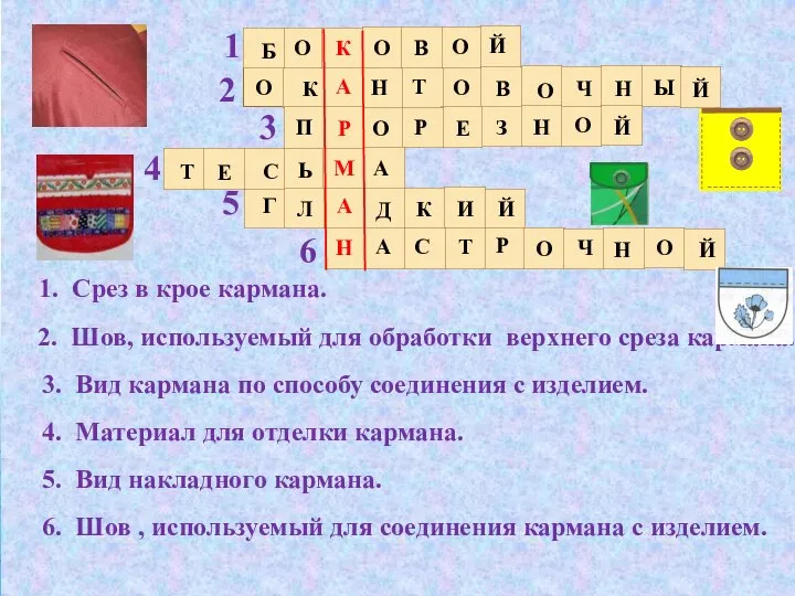 1. Срез в крое кармана. 2. Шов, используемый для обработки верхнего среза